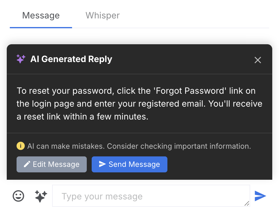 Screenshot showing an AI-generated reply preview with Edit Message and Send Message buttons