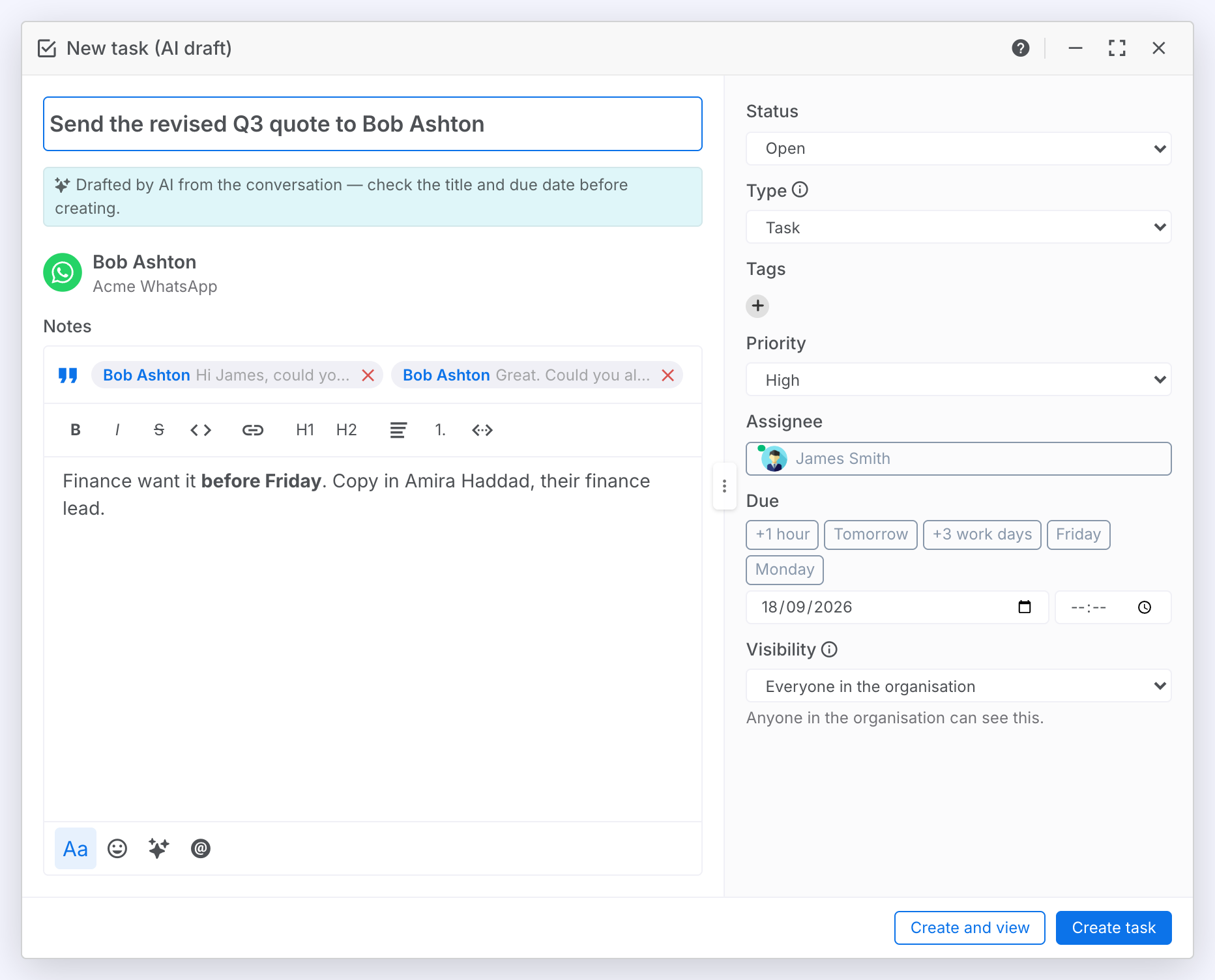 A New task (AI draft) window: the notice to check the title and due date, the user's card, two quoted messages on the notes, and the priority and due date filled in