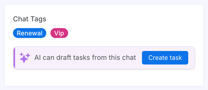 The Notes tab's AI strip under Chat Tags: a sparkle, AI can draft tasks from this chat, and a Create task button