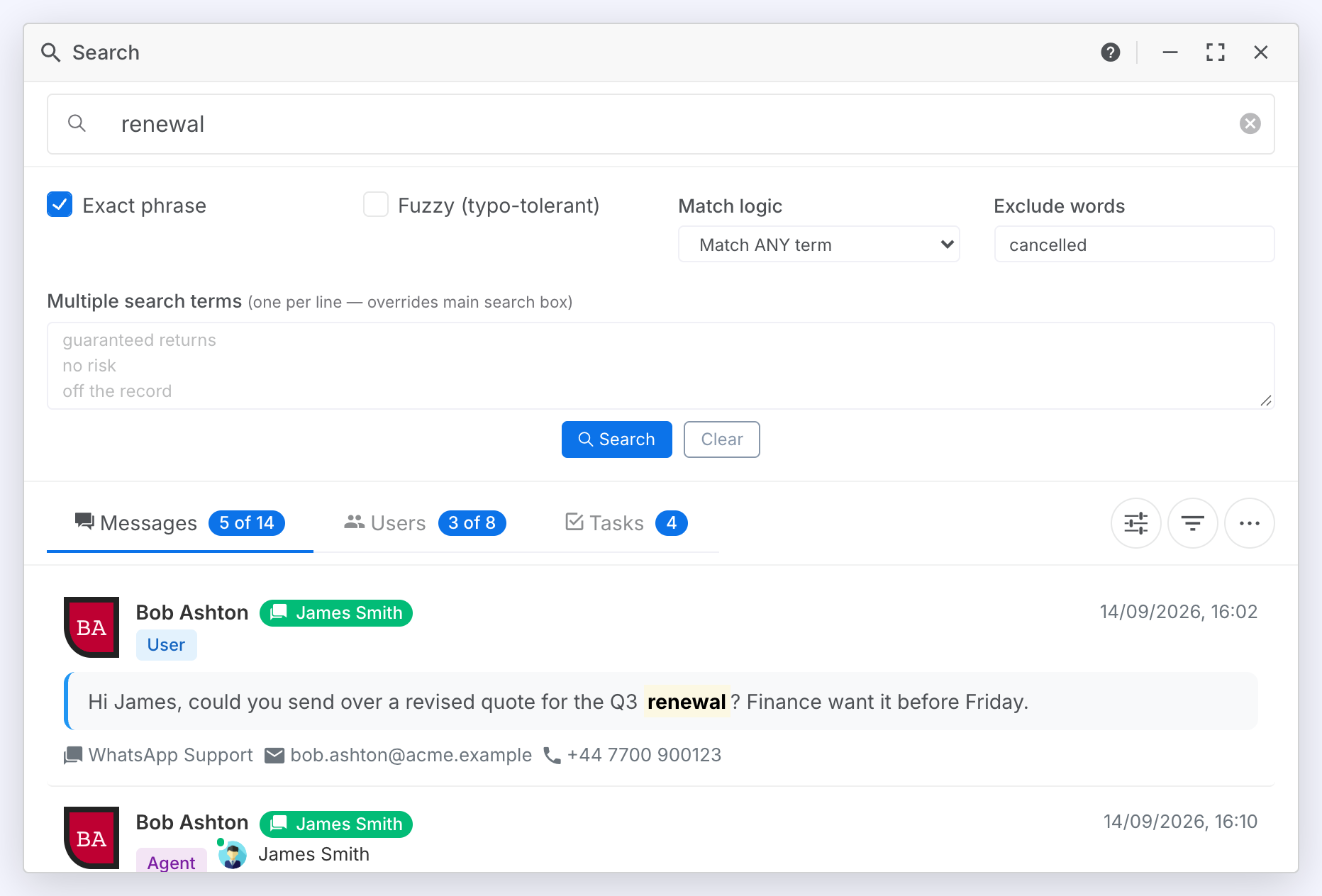 The advanced panel open above the tabs: Exact phrase ticked, Fuzzy unticked, Match logic on Match ANY term, cancelled in Exclude words, the empty Multiple search terms box and the Search and Clear buttons