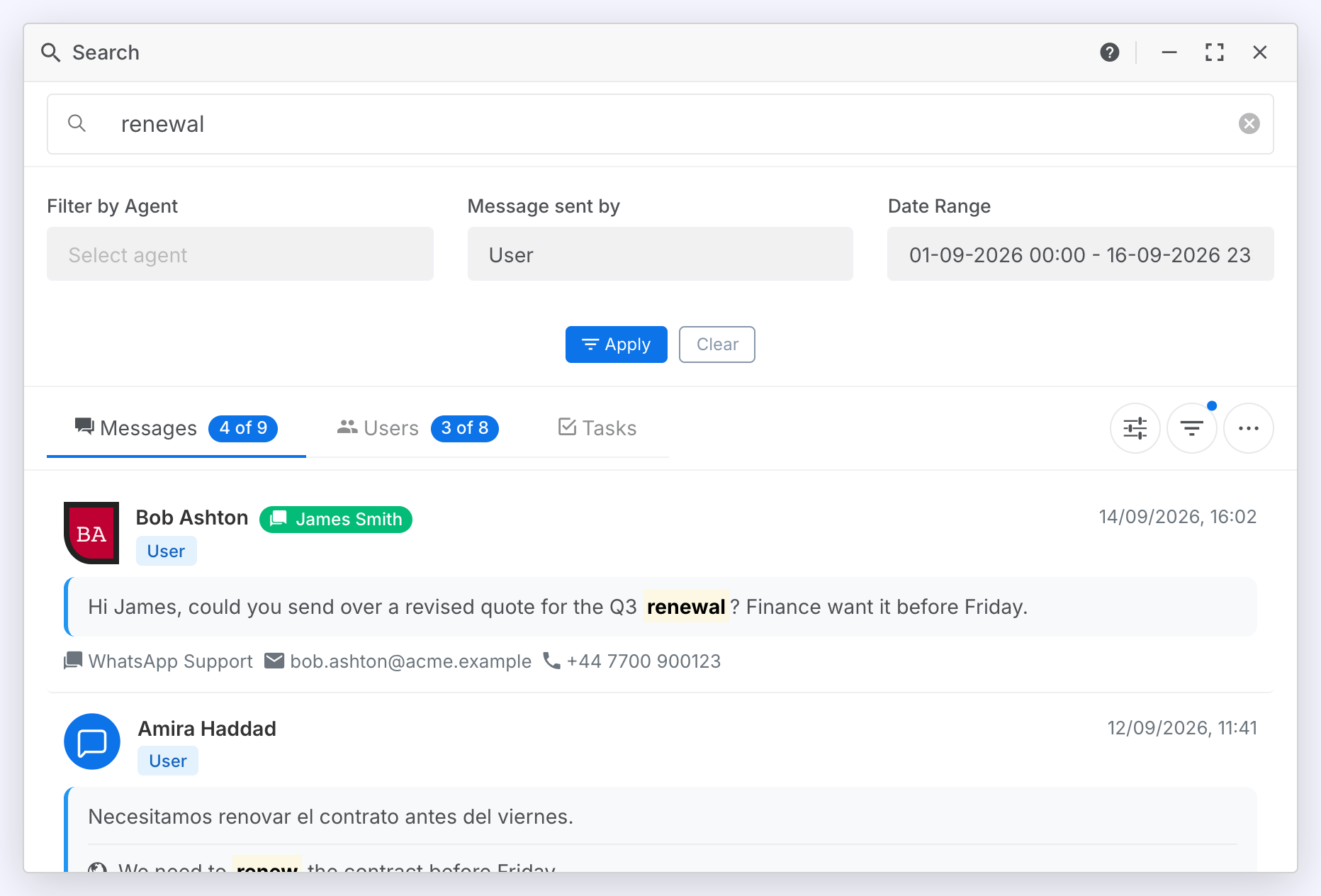 The filter panel open above the tabs, with Message sent by set to User and a date range chosen, the dot on the Filter button, and only the customer's messages listed