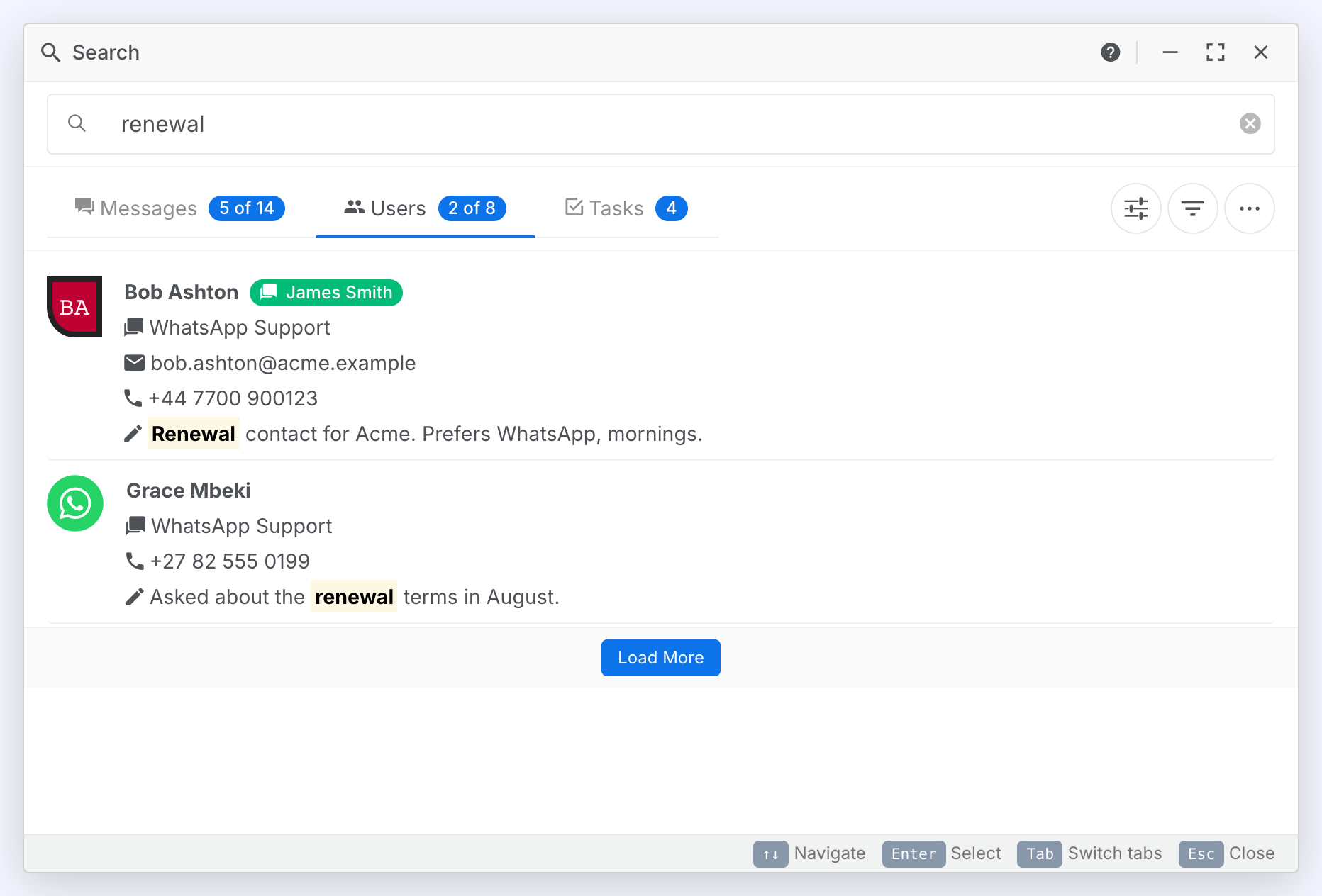 The Users tab showing two of eight results, each with the channel, contact details and the matching note, and the Load More button at the foot of the list