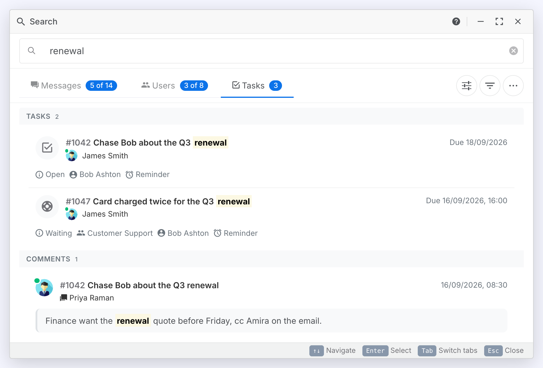 The Tasks tab of the Search window: two tasks under Tasks and one comment under Comments, the search term marked in each, with the assignee, status and due date on every row