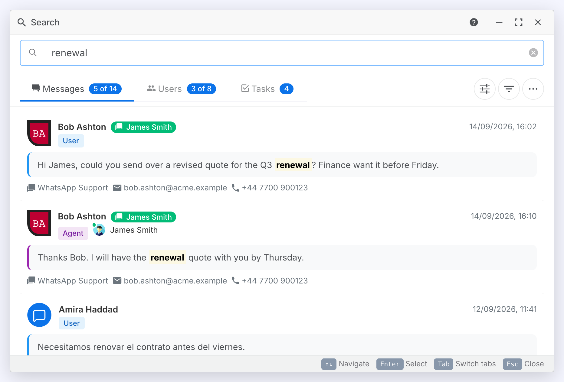 The Search window after typing renewal: the Messages tab with five of fourteen results, each with the matching word marked, the customer's name and channel, and the agent who handled the chat