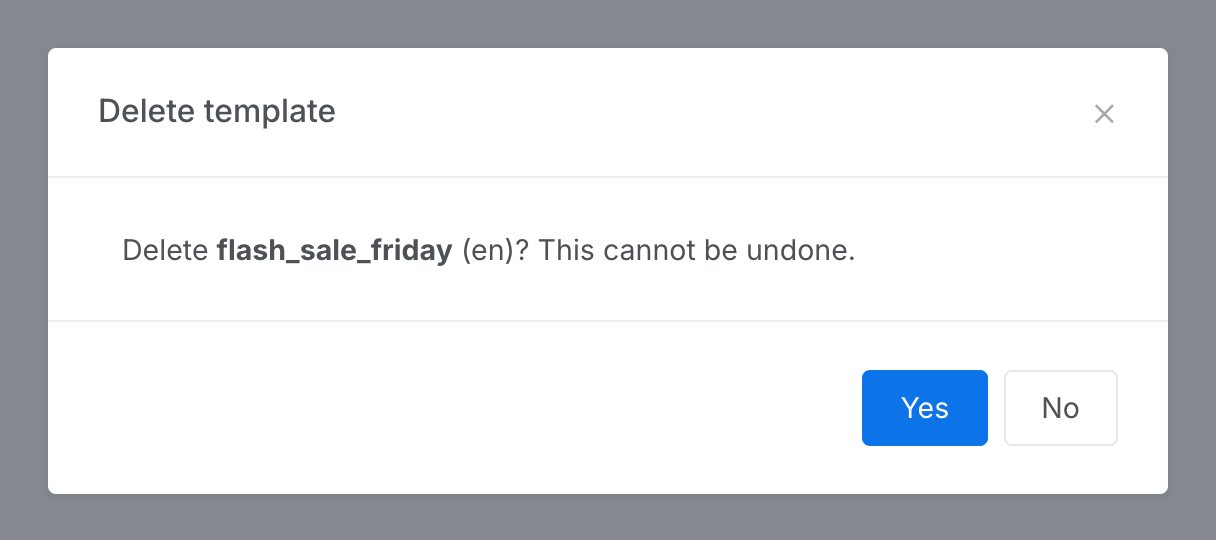 The Delete template confirmation naming the template and its language, with Yes and No buttons