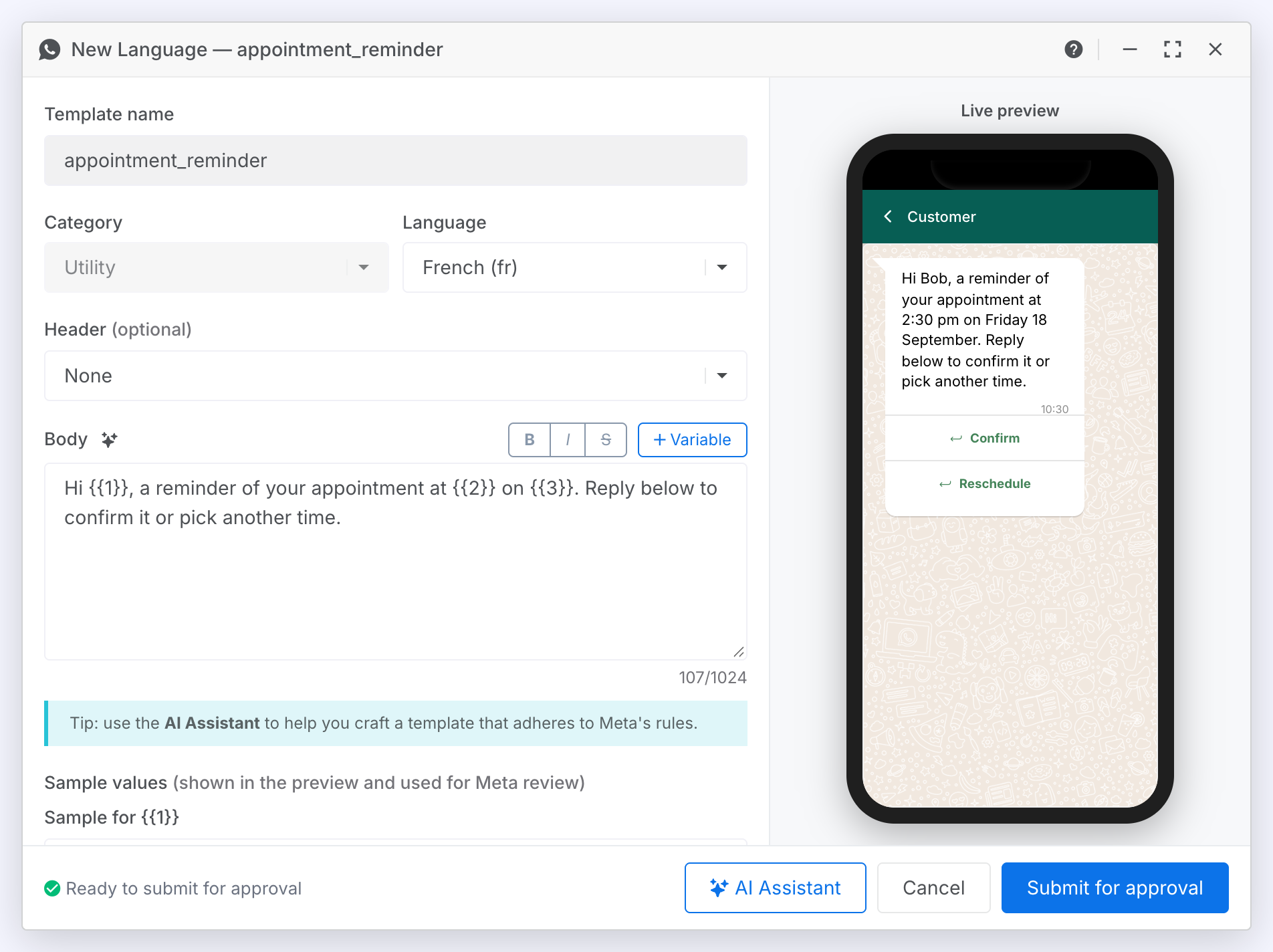 The New Language window for a reminder template: name and category locked, French chosen in the Language dropdown and the English text ready to translate