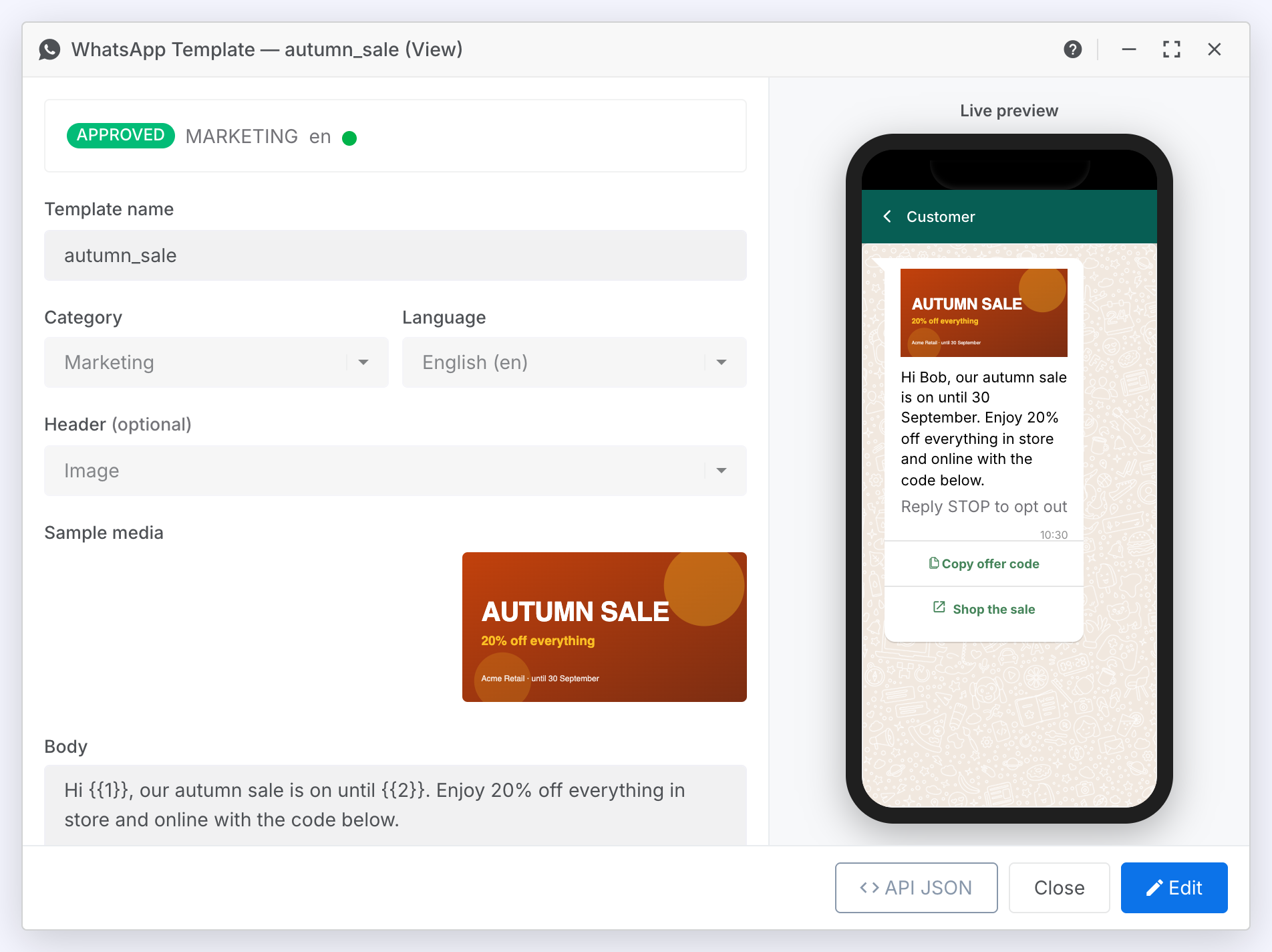 An approved marketing template open read-only, with its status banner above the locked fields and the message on a phone showing its picture, text, footer and two buttons