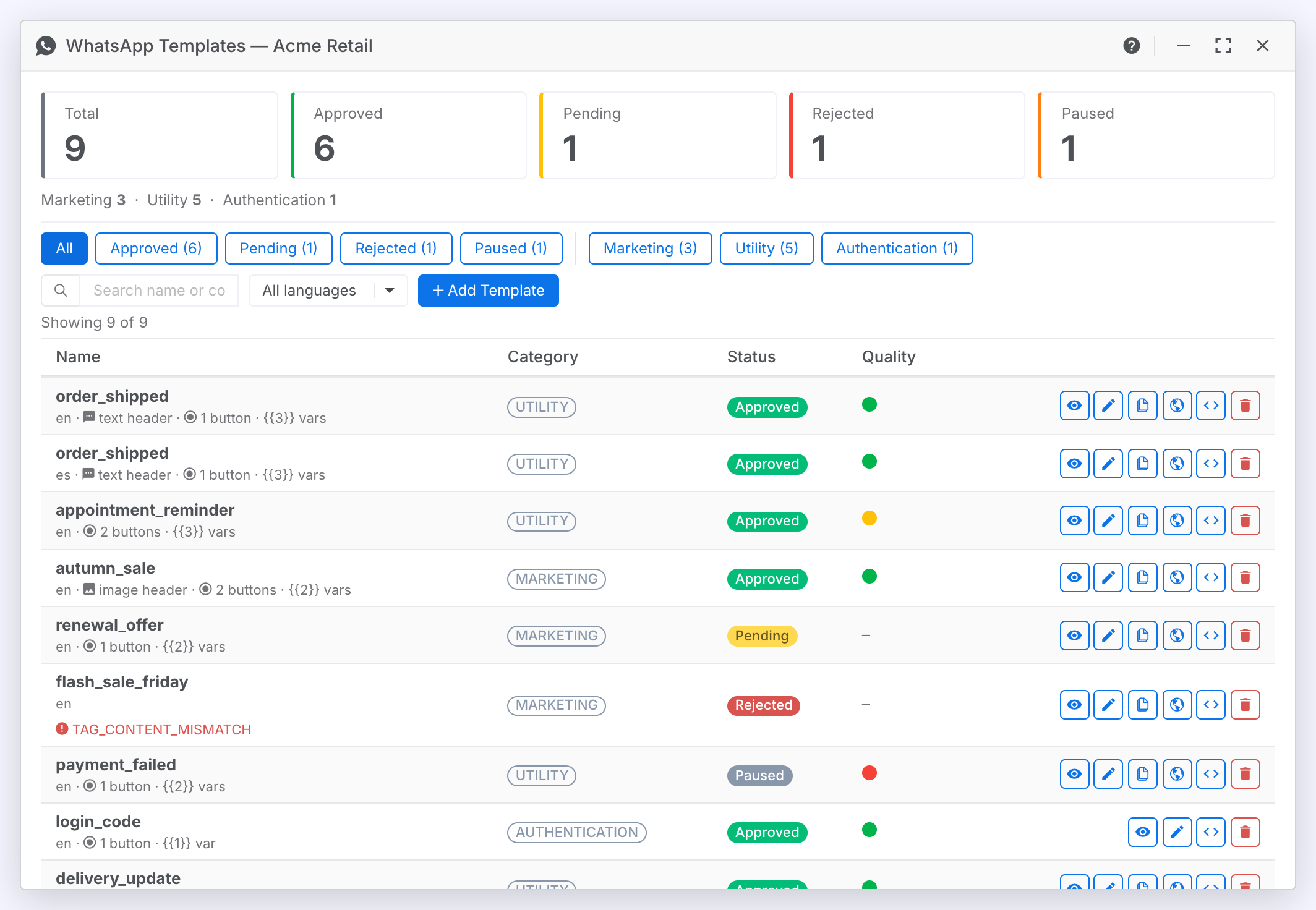 The WhatsApp Templates window for a chatbot: five count cards, status and category chips, a search box, a language dropdown, the Add Template button and a table of templates with category, status, a quality dot and action icons on each row