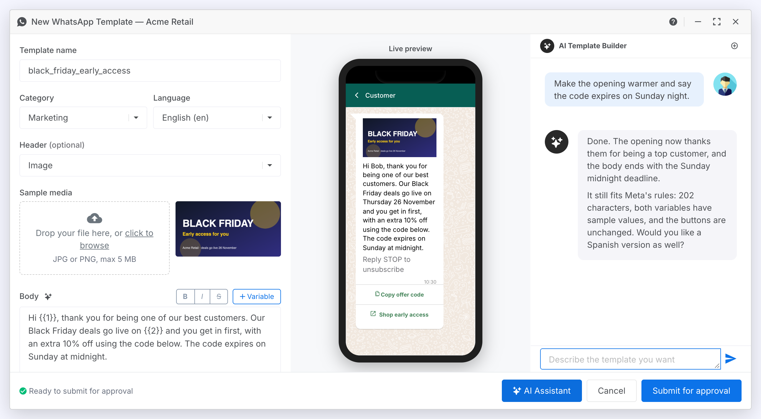 The editor widened to three panes: the form, the phone preview and the AI Template Builder chat, where a request to warm up the opening has been answered and the body on the left already shows the rewritten text
