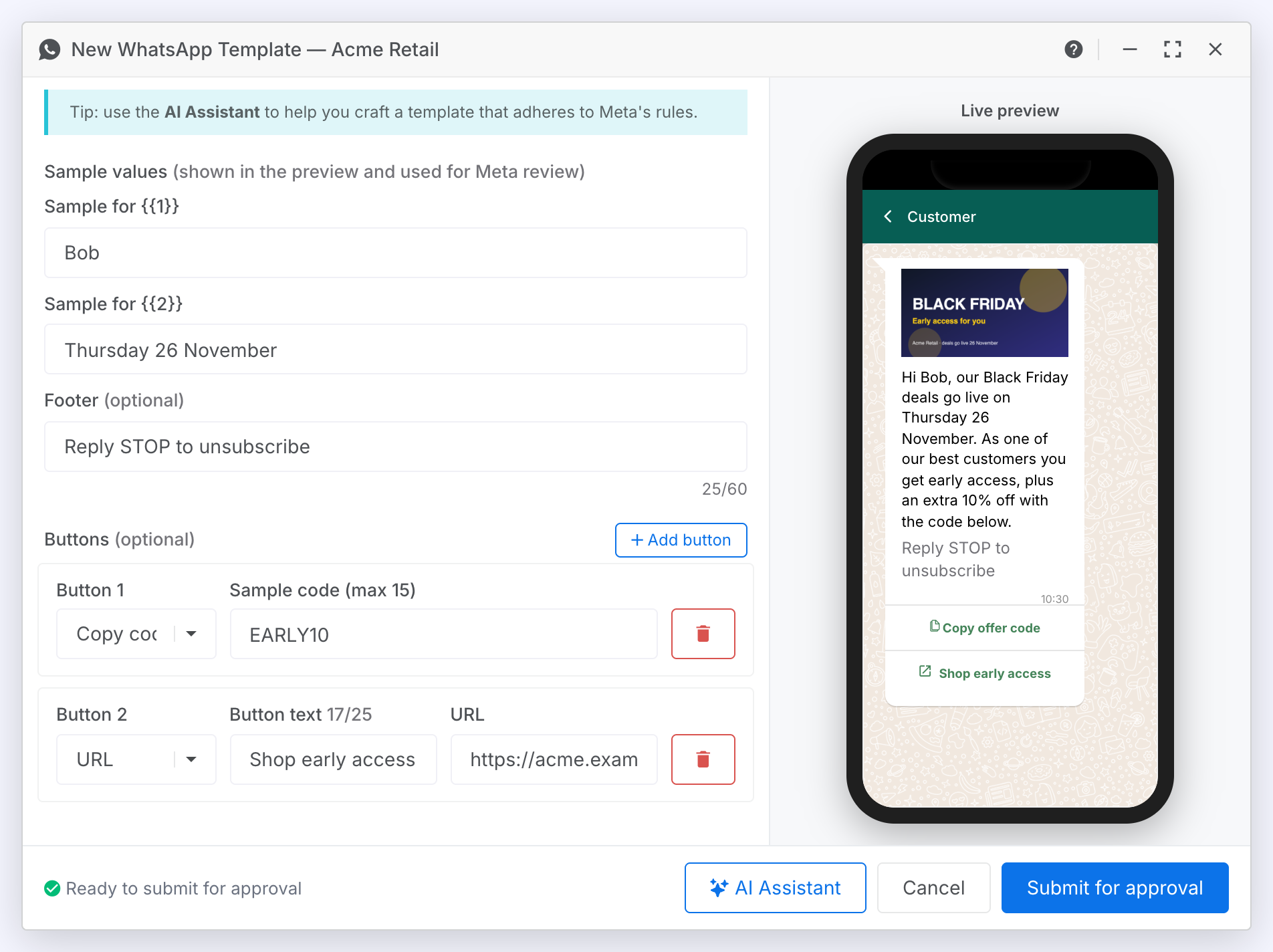 The Footer field reading Reply STOP to unsubscribe, then the Buttons area with a Copy code button holding a sample code and a URL button with its text and link, each with a remove button
