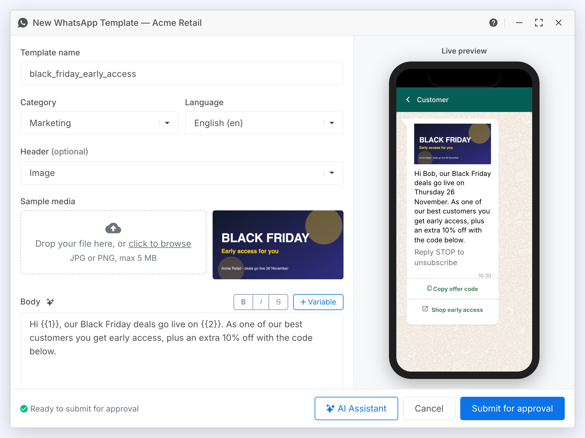 The New WhatsApp Template window: name, category, language and an image header with its sample picture on the left, the message on a phone on the right, and a footer bar reading Ready to submit for approval
