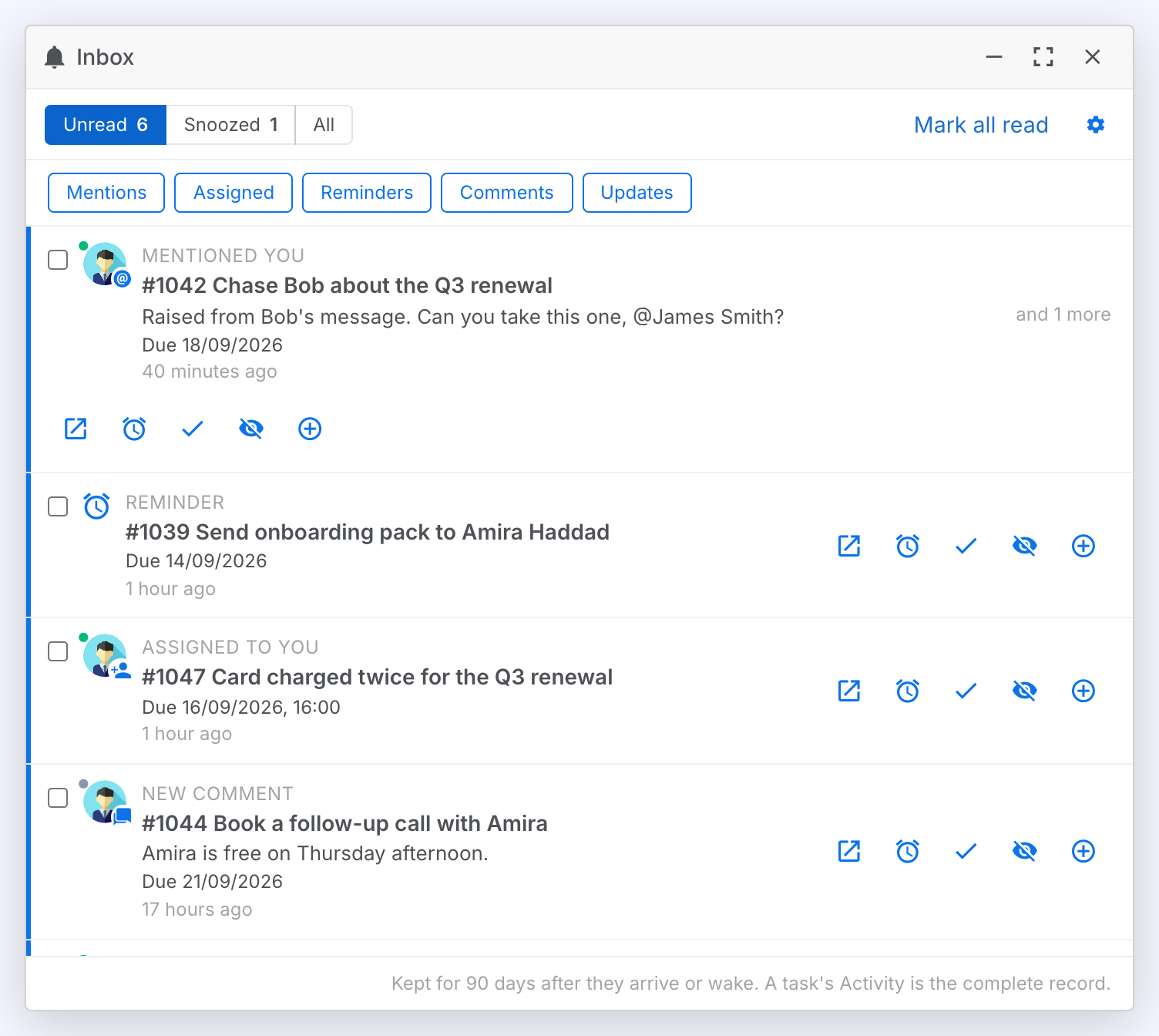 The Inbox window on Unread: the three tabs with counts, the type filters, and grouped rows each with Open, Snooze, Mark read, Stop following and Draft a follow-up actions