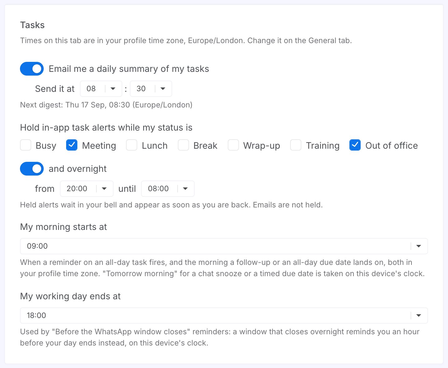 The Tasks section of My Profile's Notifications tab: the daily summary switched on at 08:30, alerts held during Meeting and Out of office and overnight, and the morning and end-of-day hours