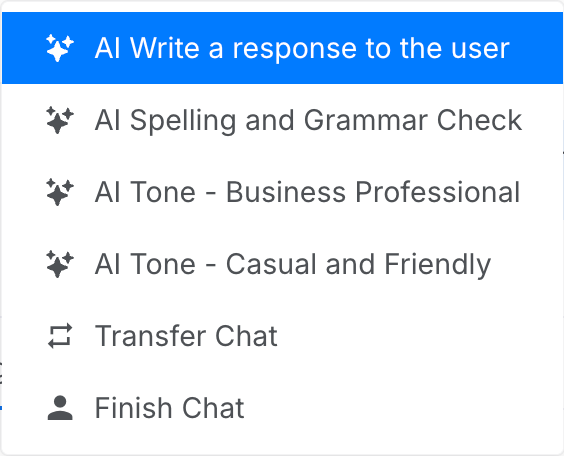 Screenshot showing the slash command menu with available AI and chat actions