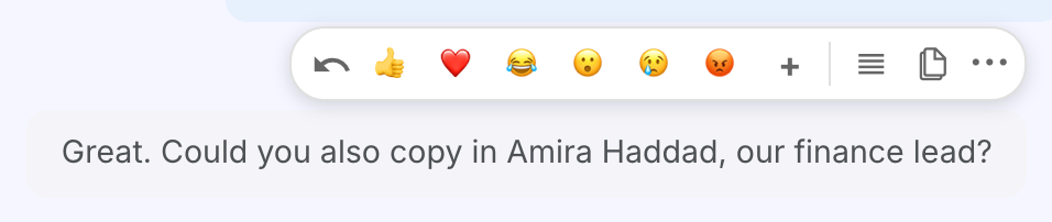 The bar over a message: reply, six quick reactions and a plus, a drag grip, the copy-to-task icon and the three-dot menu