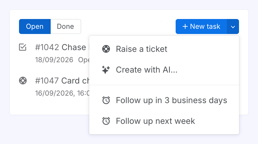The Tasks tab of a user's card: Open and Done, two tasks listed, and the New task menu open with Raise a ticket, Create with AI, Follow up in 3 business days and Follow up next week