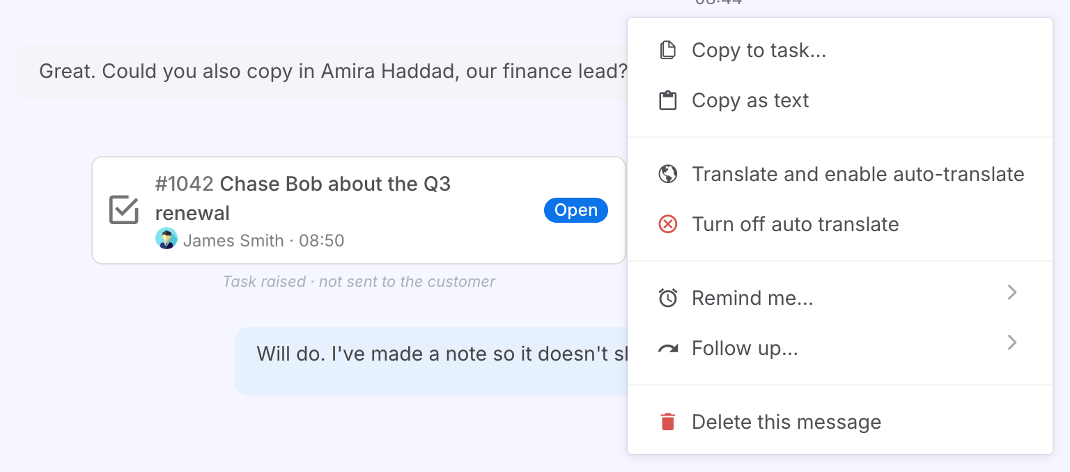 The three-dot menu open on a customer's WhatsApp message, with Copy to task, the translate entries, Remind me and Follow up with their arrows, and Delete