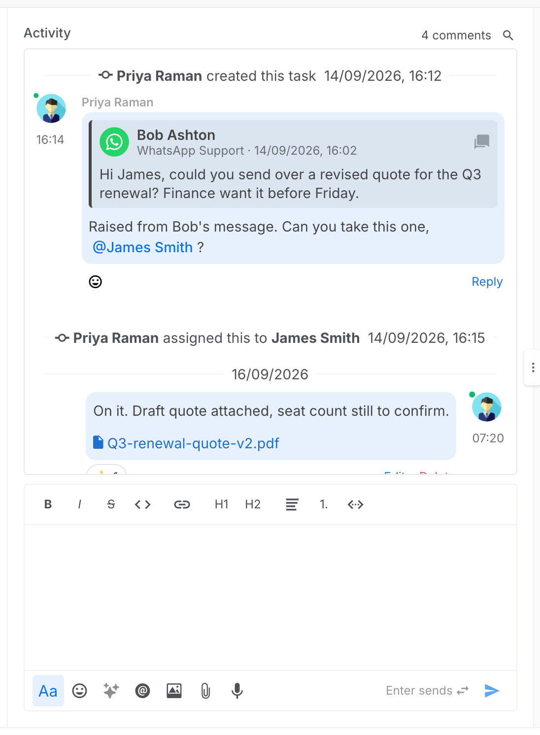 The start of a thread: the created row, a colleague's comment quoting the customer's WhatsApp message, the reassignment row, a day divider, and a comment with a PDF attached