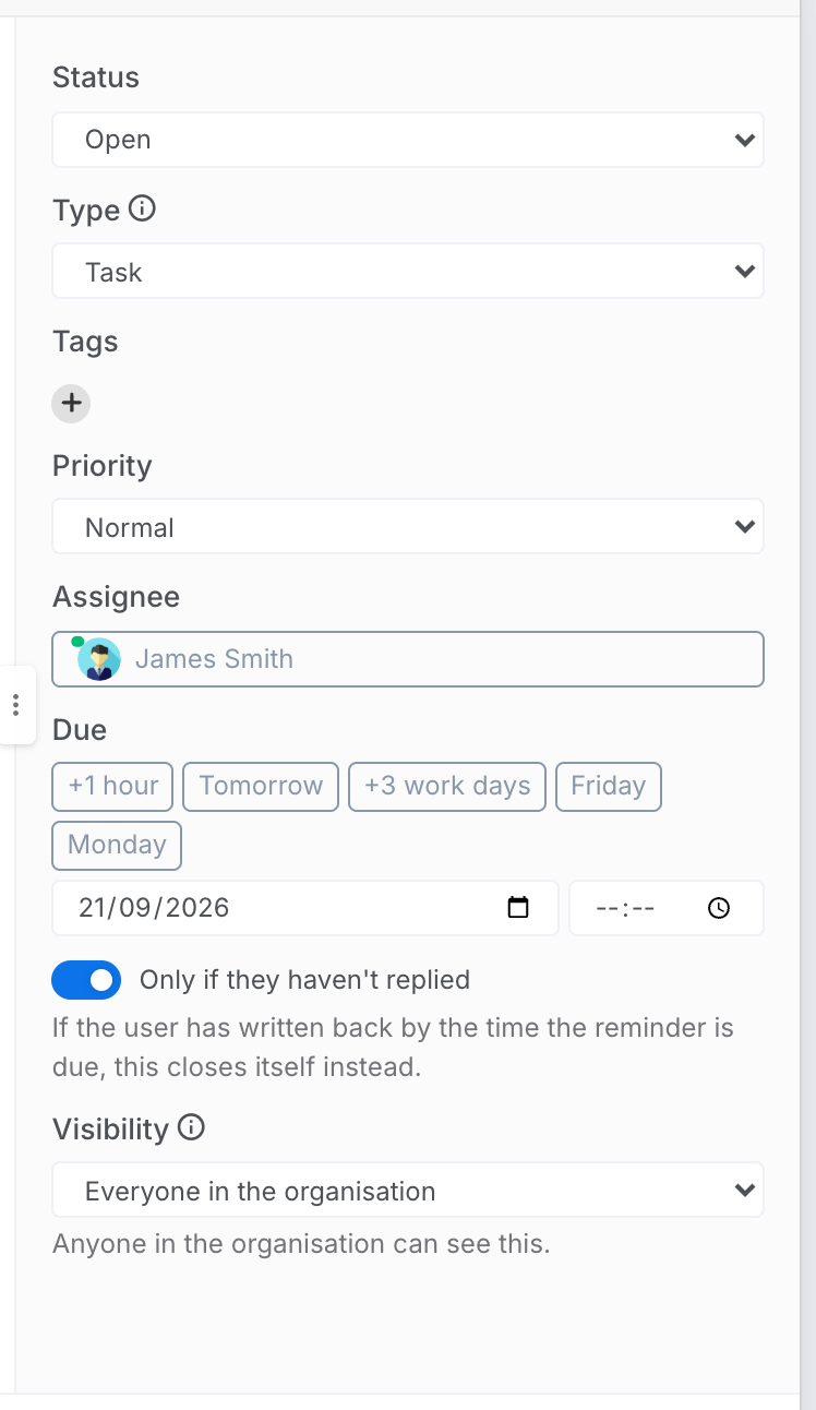 The details rail of a follow-up being created, with the Only if they haven't replied switch turned on under the due date