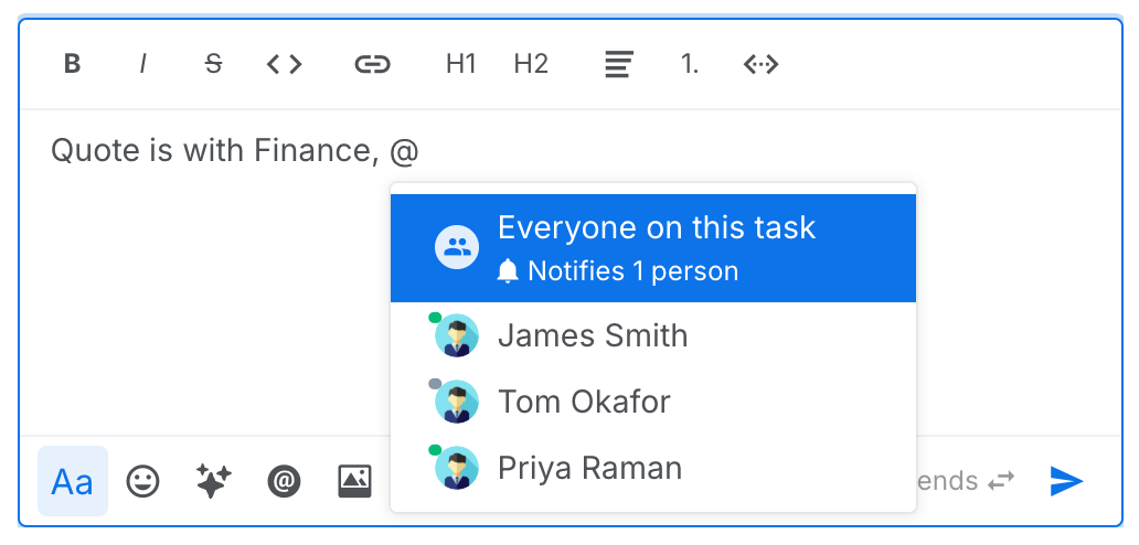 The comment composer after typing @, with the mention picker listing Everyone on this task and how many it notifies, then each colleague
