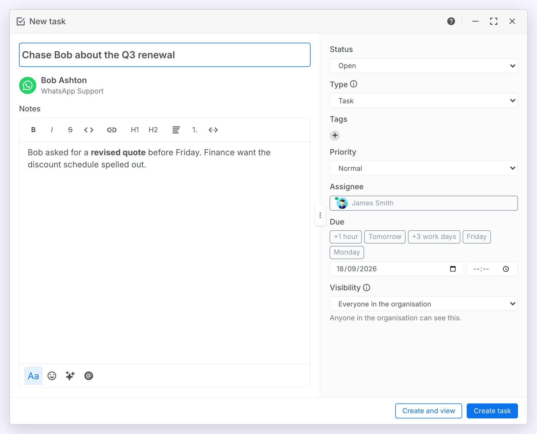 The New task window: title, the user it is about, notes, and the details rail with Create and view and Create task buttons