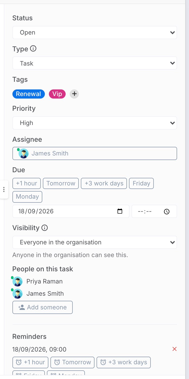 The details rail: Status, Type, Tags, Priority, Assignee, Due with its quick chips, Visibility, and the people on the task