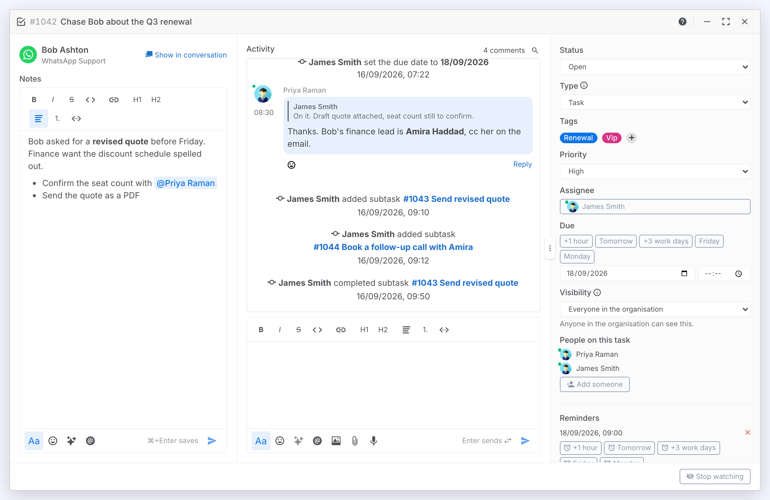 A task window: the user's card and notes on the left, the activity thread in the middle, the details rail on the right