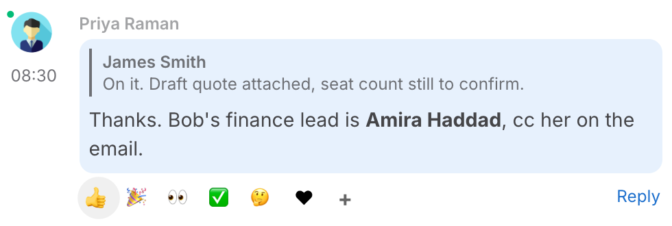 A colleague's comment with the quick-reaction strip open under it: six emoji and a + for the full picker