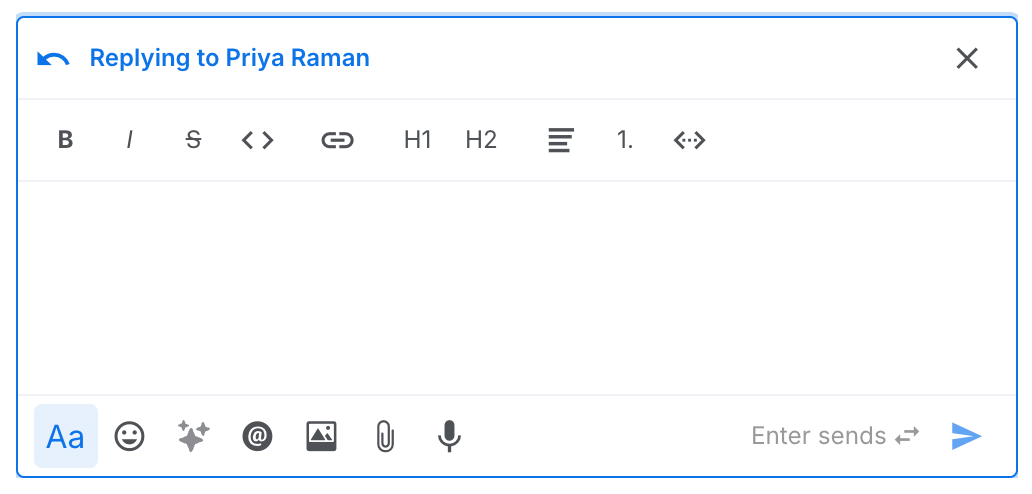 The composer with a Replying to bar above the toolbar, quoting the first line of the comment being answered