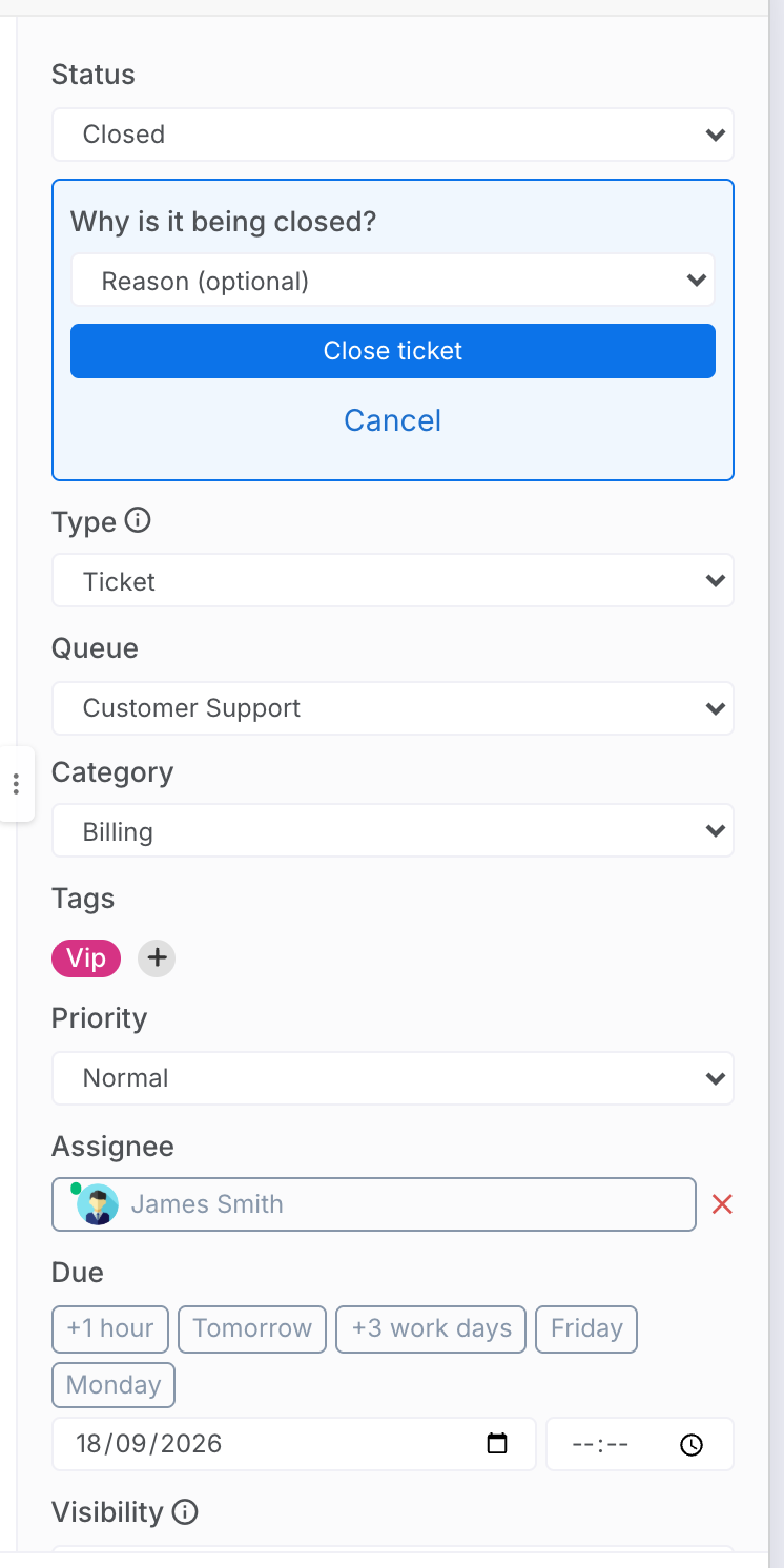 A ticket's rail after choosing Closed: the Why is it being closed? reason list with Close ticket and Cancel buttons, above Type, Queue and Category