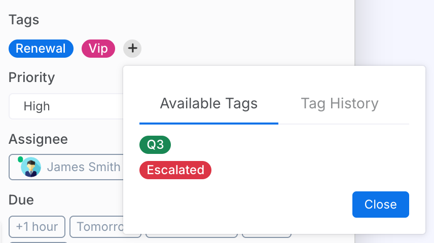 The tag picker open beside the Tags row, listing the available tags with a Tag History tab