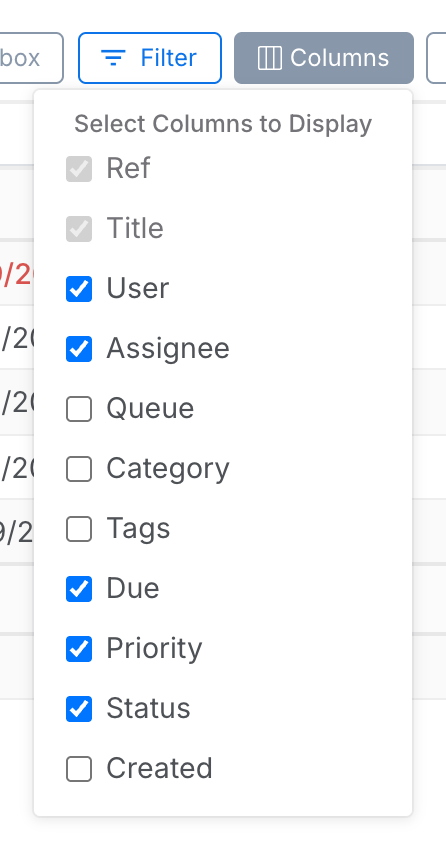 The Columns dropdown, with Ref and Title fixed on and Queue, Category, Tags and Created available