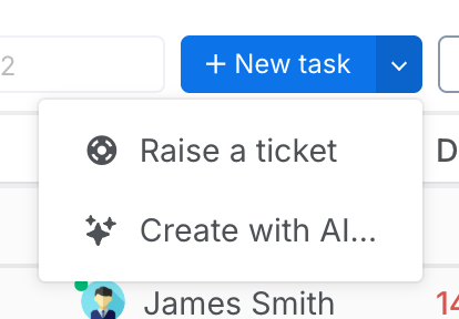 The New task button's menu open, offering Raise a ticket and Create with AI