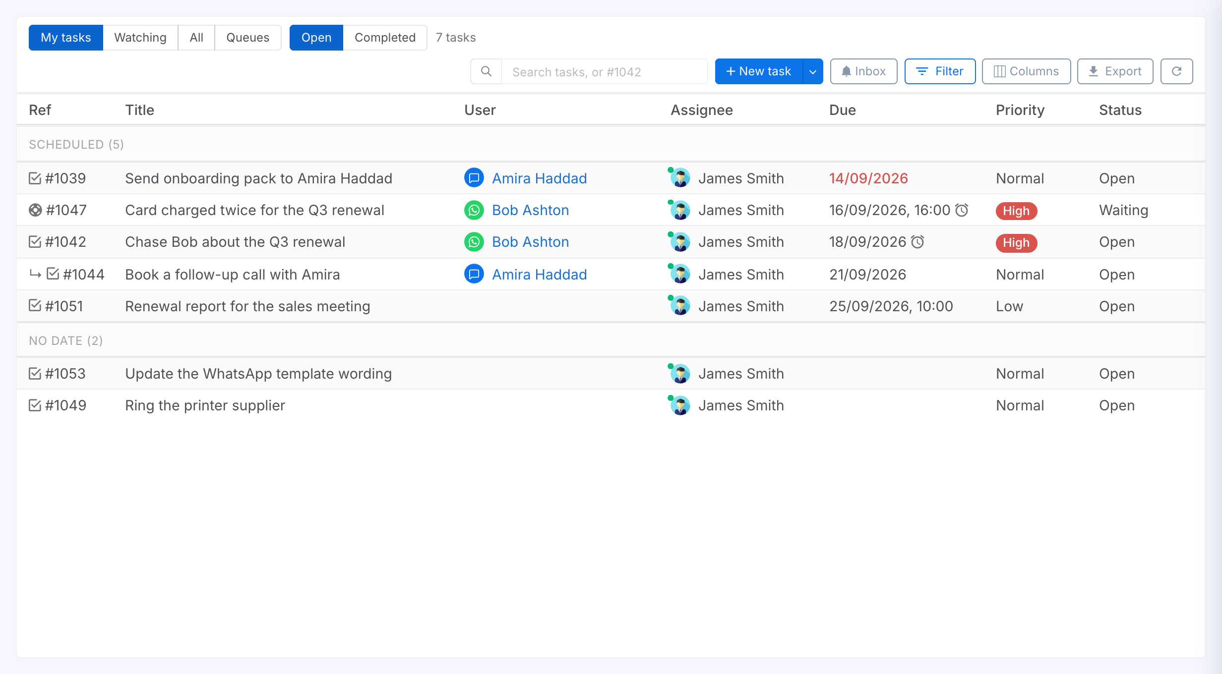 The Tasks page on My tasks: the view and Open/Completed toggles, the toolbar, and the list split into Scheduled and No date