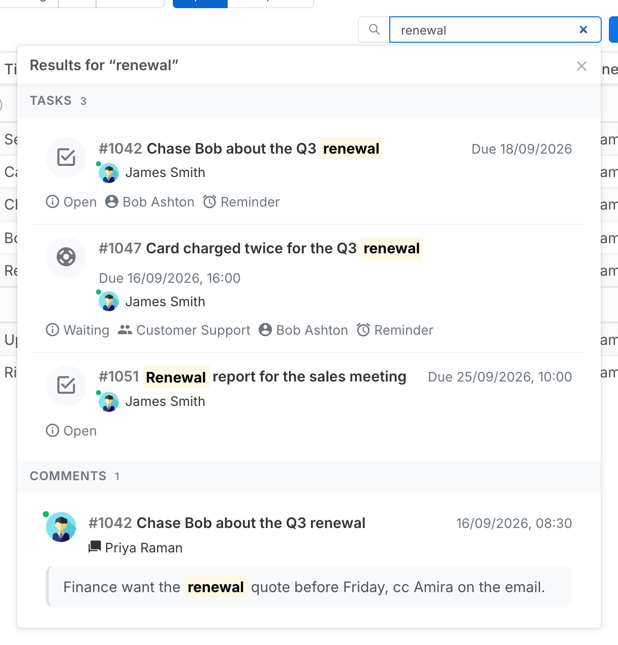 The results panel under the search box for "renewal": three task hits with the word highlighted, then a comment hit