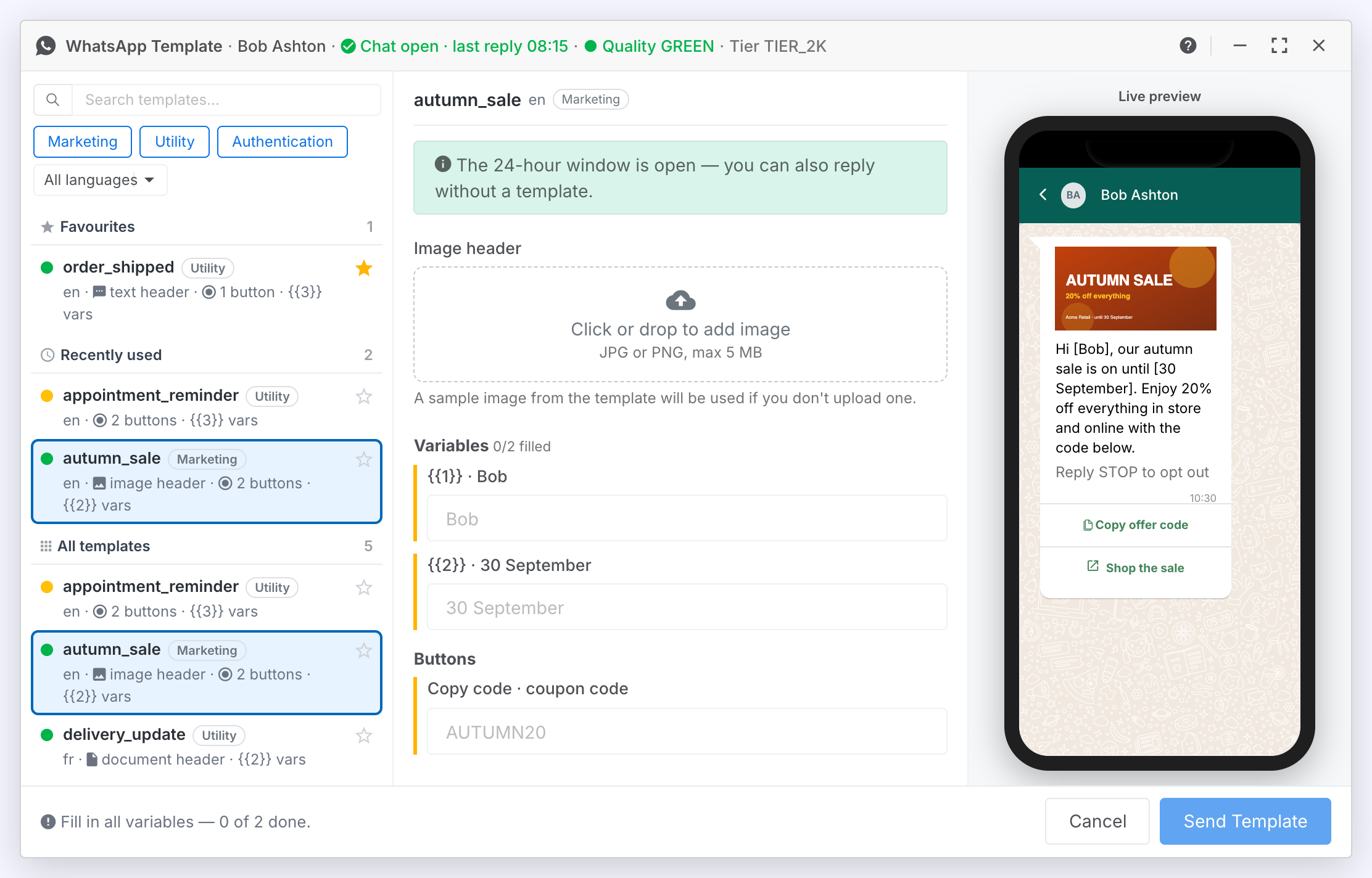 A template with a picture header selected: the Image header upload area with its file limits, a note that the template's sample picture is used otherwise, and the sample picture showing in the phone preview