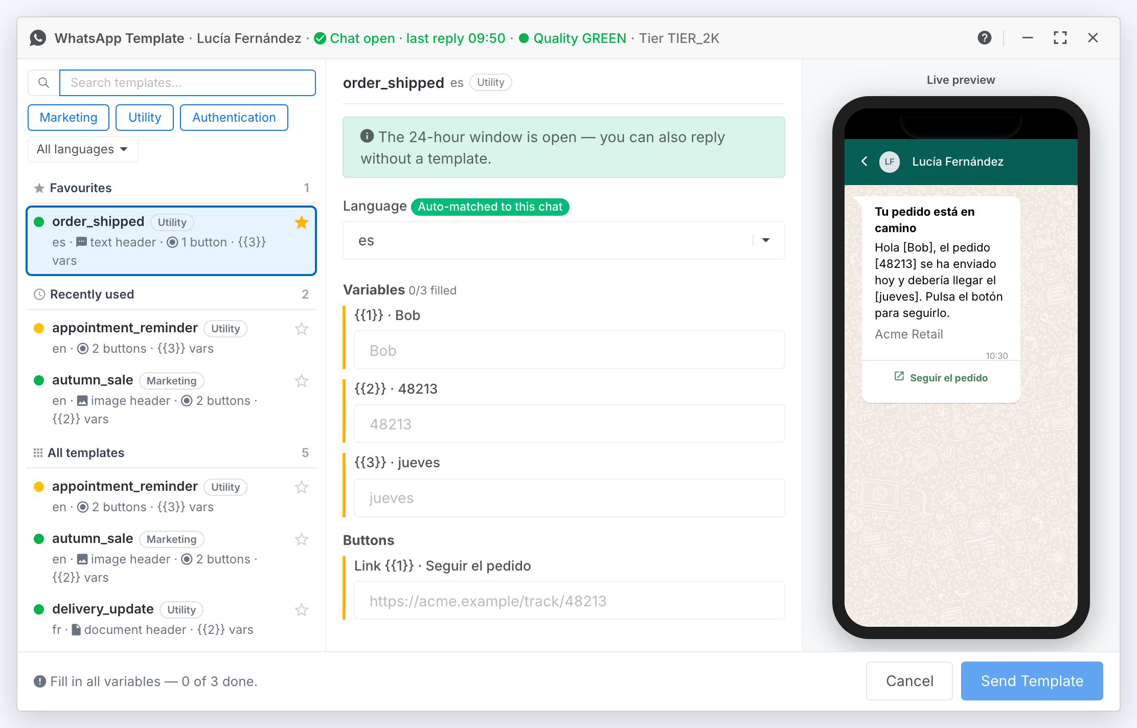 The picker for a Spanish-speaking customer: the Language dropdown shows es with an Auto-matched to this chat badge, and the phone preview shows the Spanish message