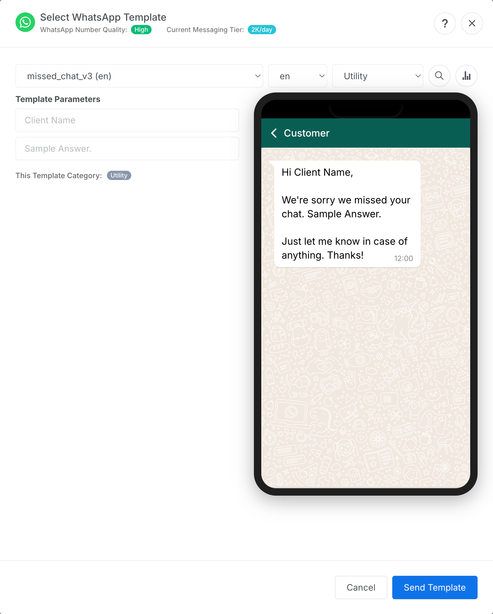 Screenshot of the WhatsApp template modal showing language and type filters, template selection dropdown, and message preview