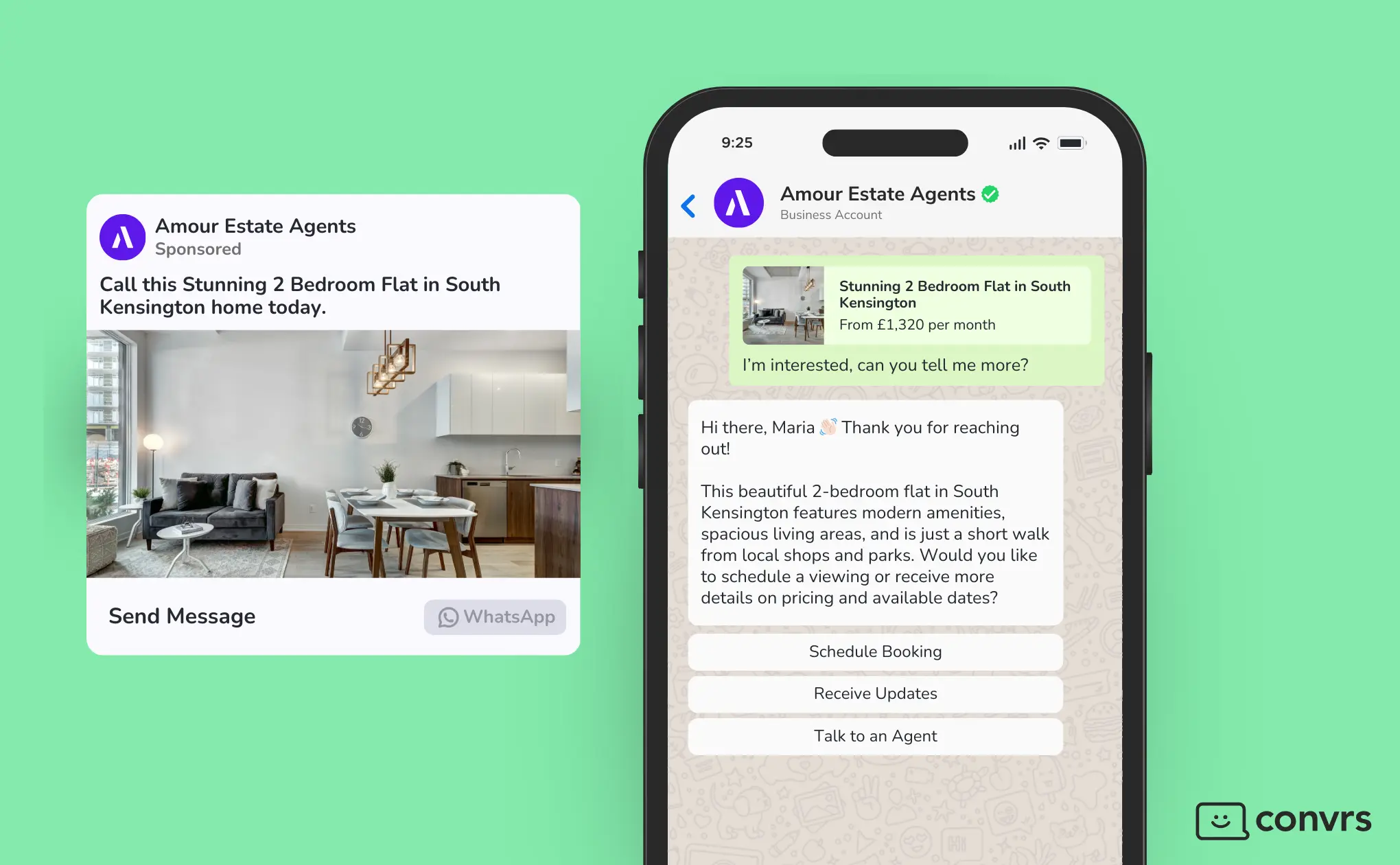 Estate Agency Sales team representative runs targeted Facebook campaign and Click-to-WhatsApp Ads invites users to click and connect directly with the agent on WhatsApp