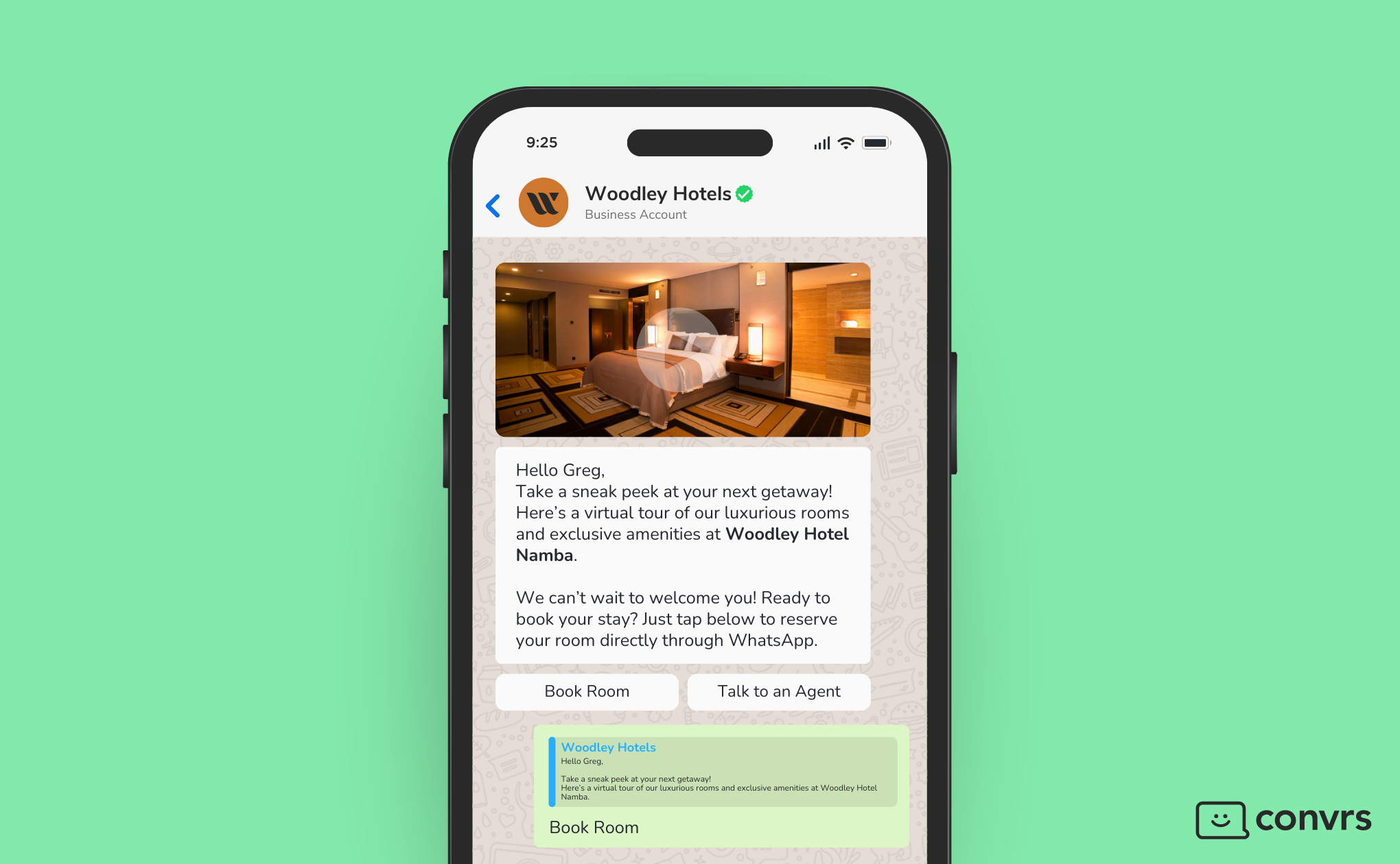 Hotel Sales team representative using WhatsApp Interactive Features to send a sales message and give a virtual tour of their hotel room