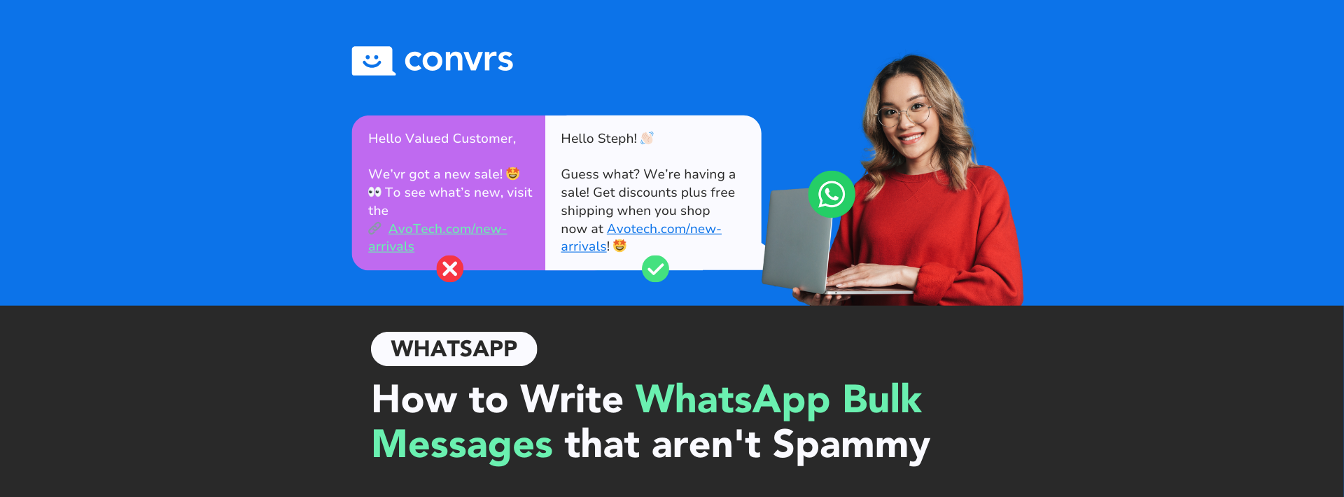 Woman sending bulk messages on WhatsApp with non-spammy messages
