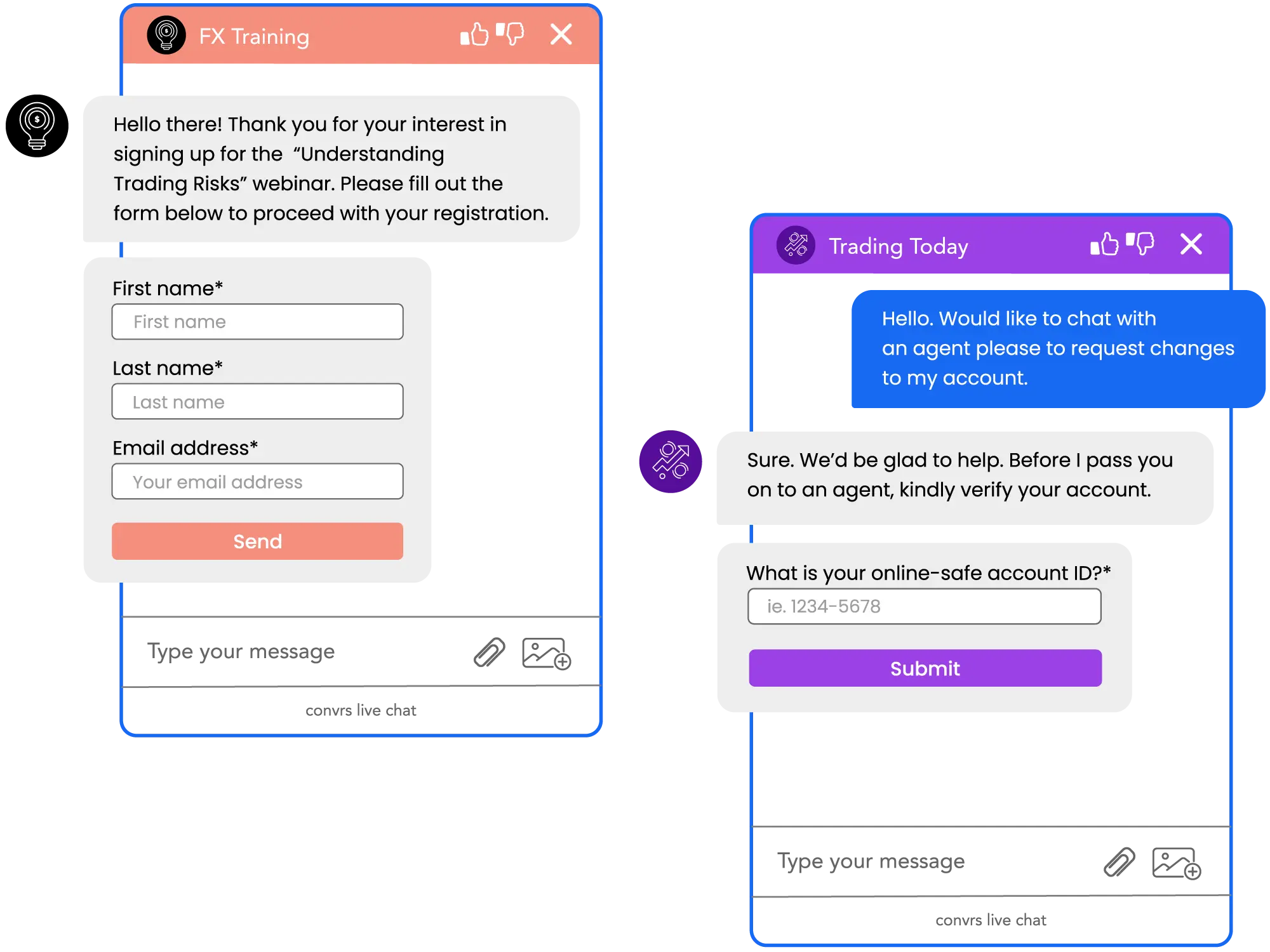 Examples of Convrs Web Chat message flows with custom forms that enable automated data collection and processing