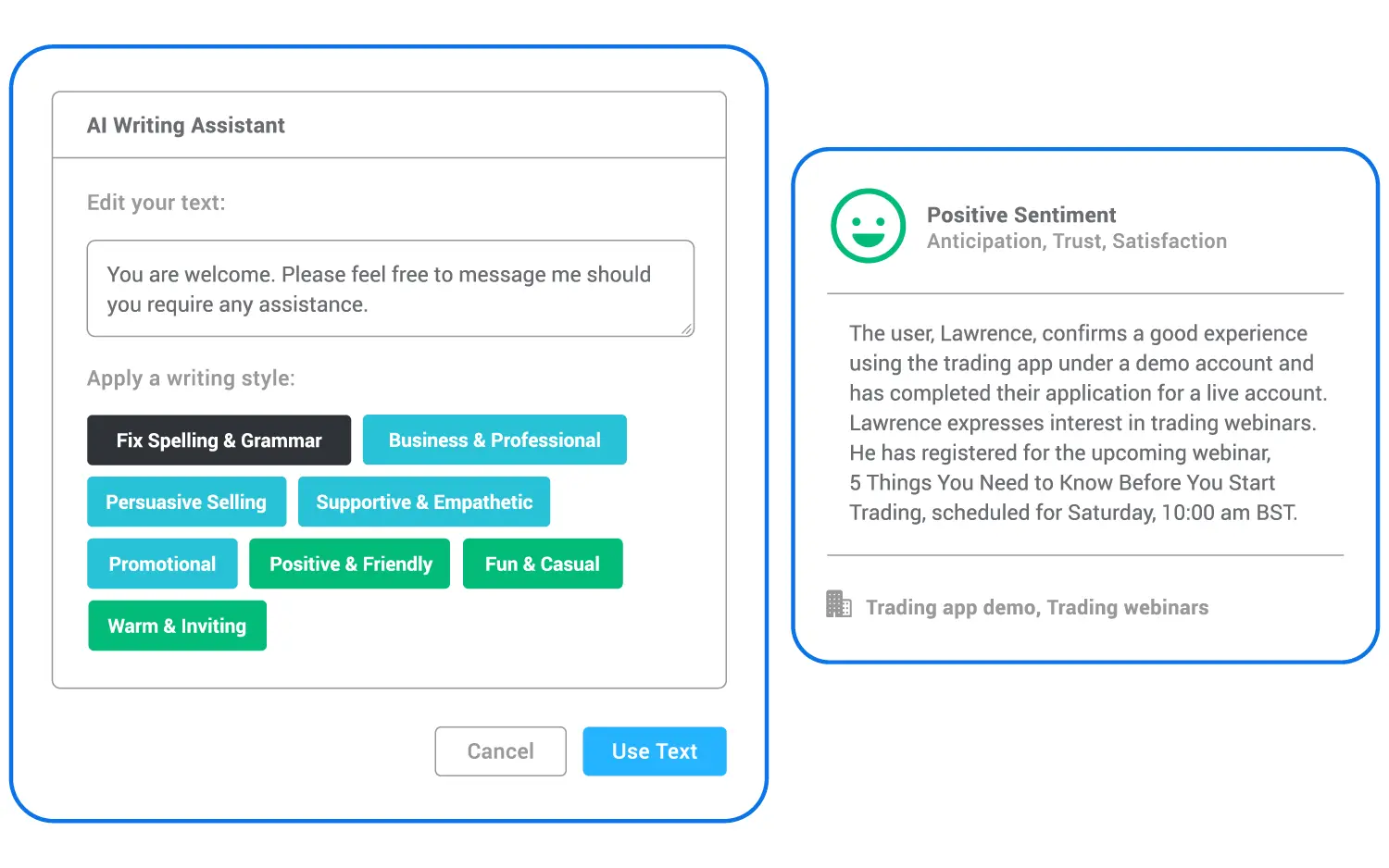 Convrs' new AI tools powered by OpenAI: AI Writing Assistant and AI Sentiment & Chat Summary.