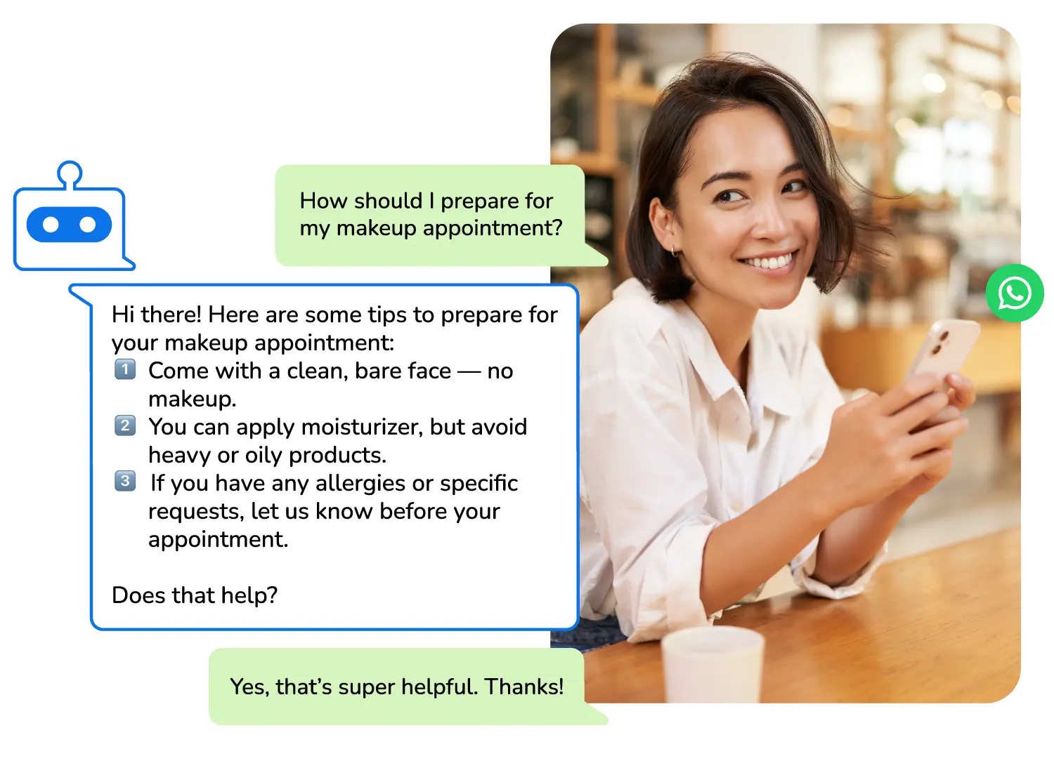 A beauty salon's AI chatbot answering a customer's inquiry instantly.