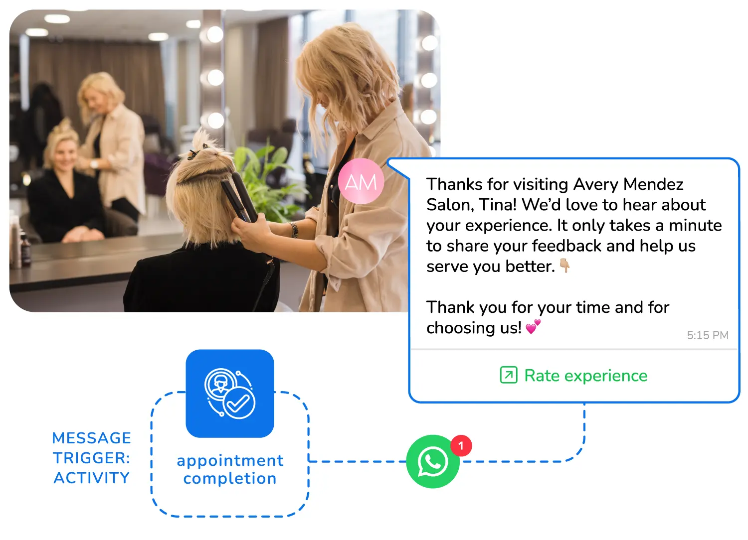 An automated WhatsApp message sent by a beauty salon after a client's appointment to request feedback.