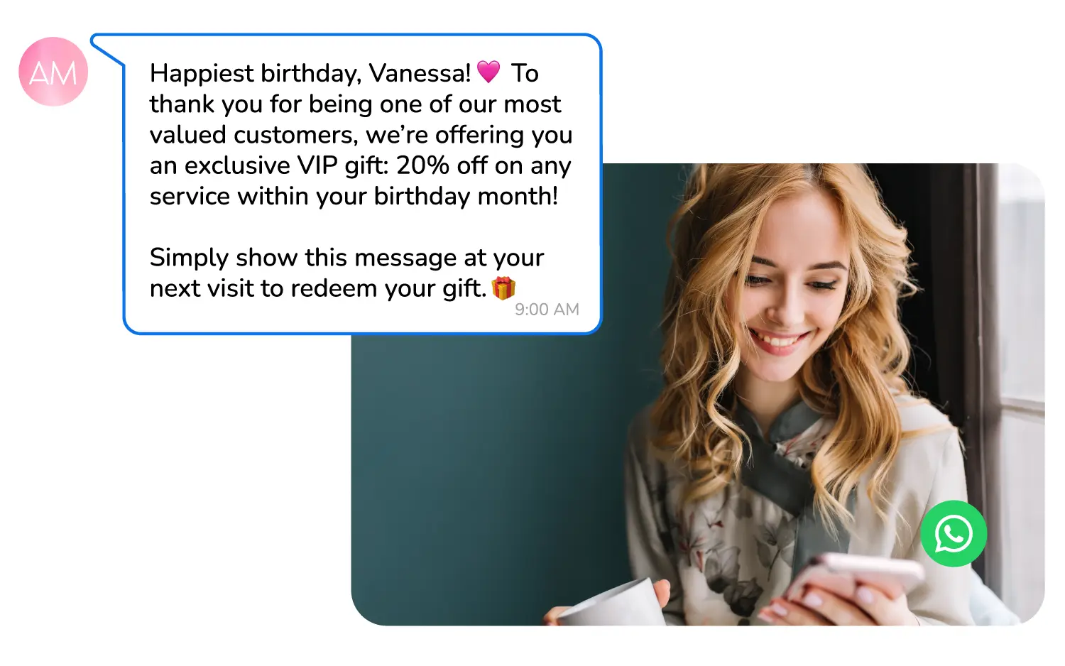 An automated WhatsApp message offering an exlusive discount during a client's birthday month.