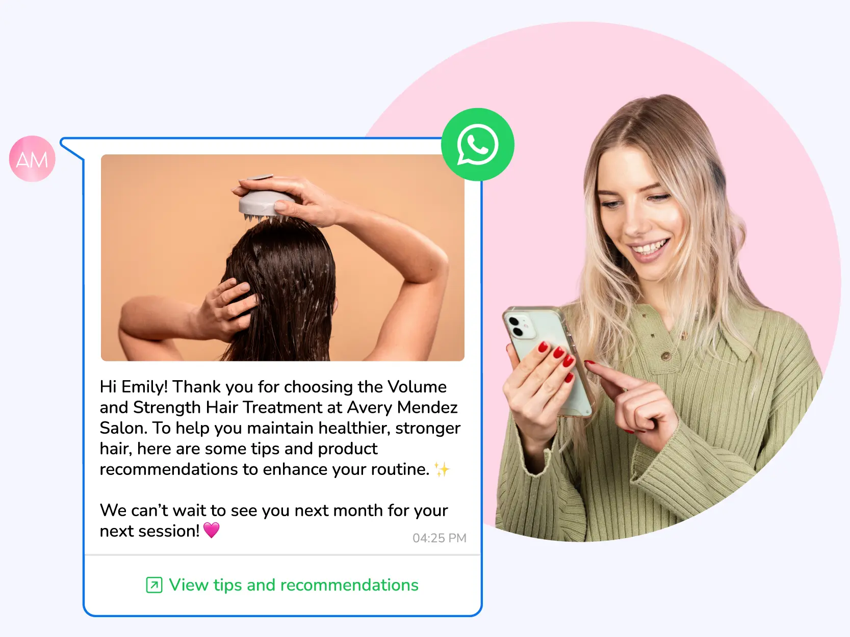 A client engaging with a WhatsApp automated message sent by a beauty salon.