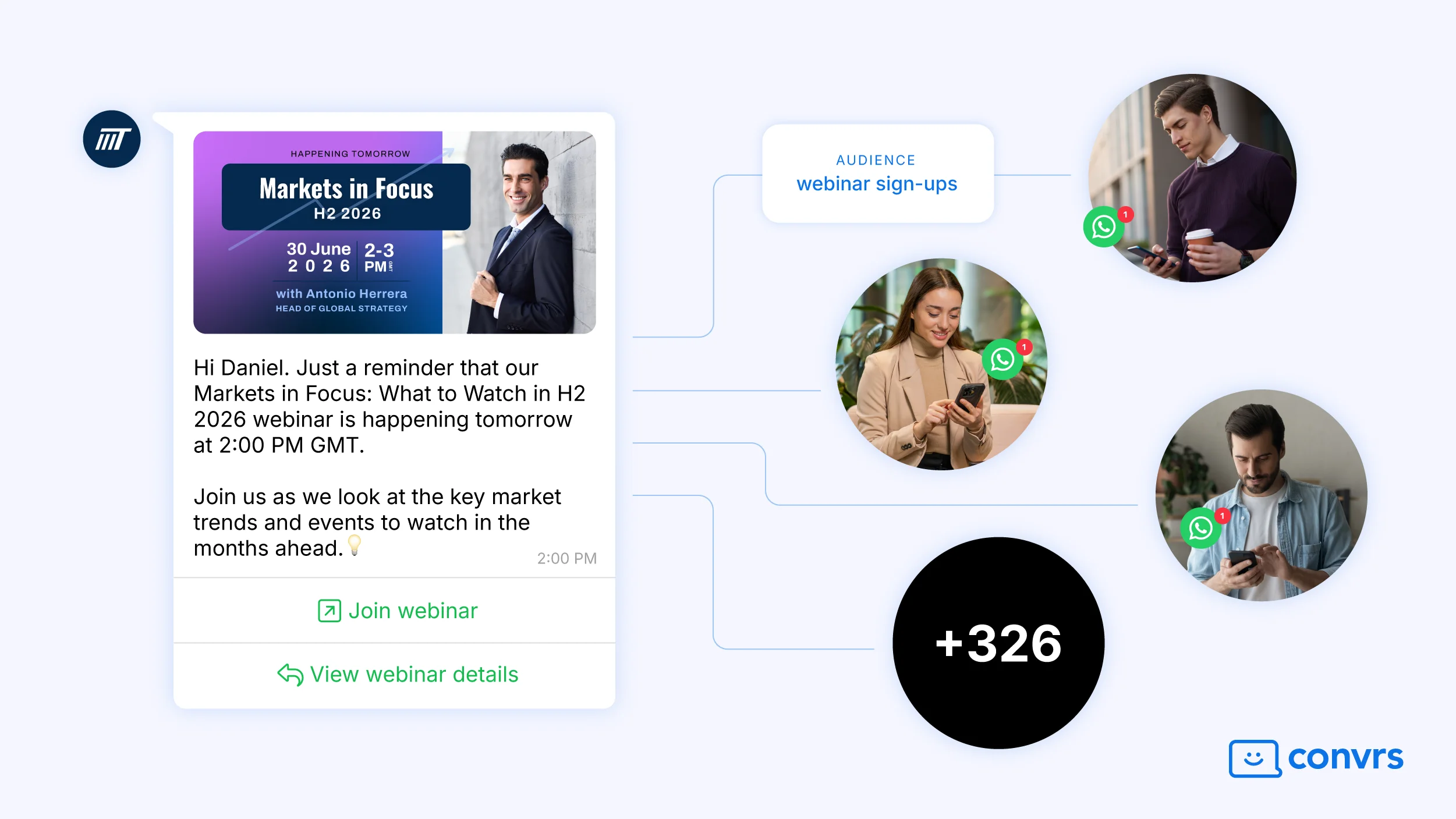 A WhatsApp bulk messaging campaign example: a webinar reminder sent to people who have signed up for it.