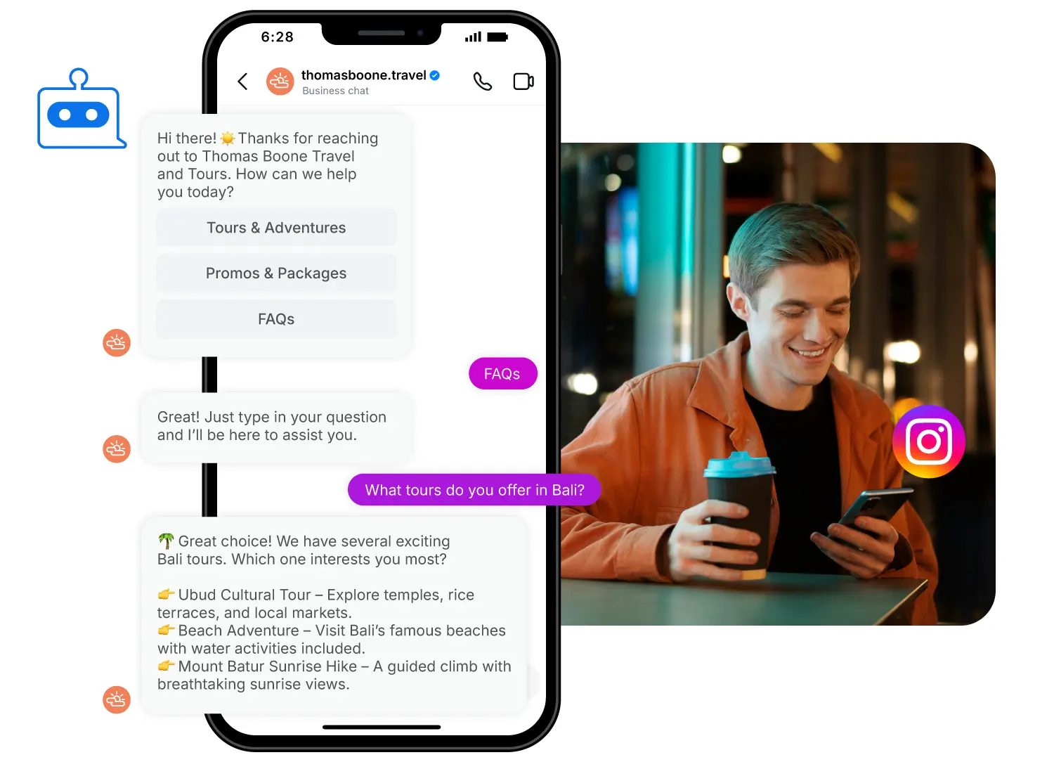 An automated message flow in Instagram Direct with a potential customer, powered by a  Convrs AI Chatbot.