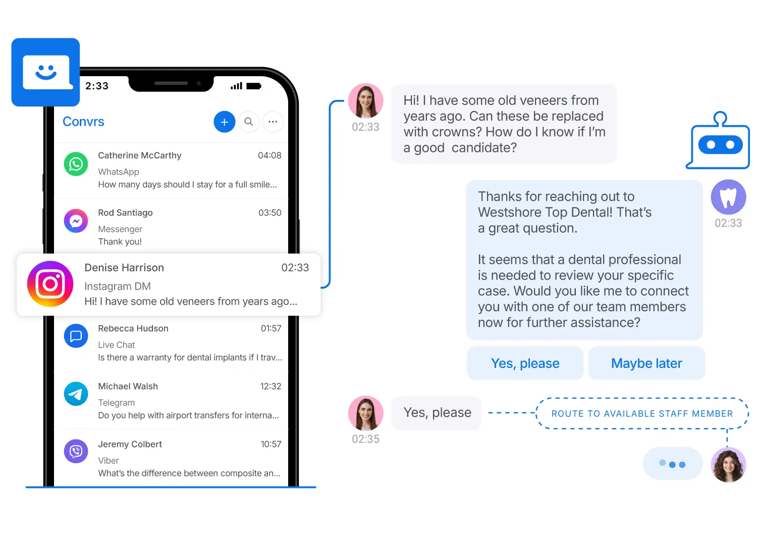 An Instagram inquiry shown in the Convrs Mobile app's Omnichannel Inbox, paired with a chatbot flow for preliminary support.